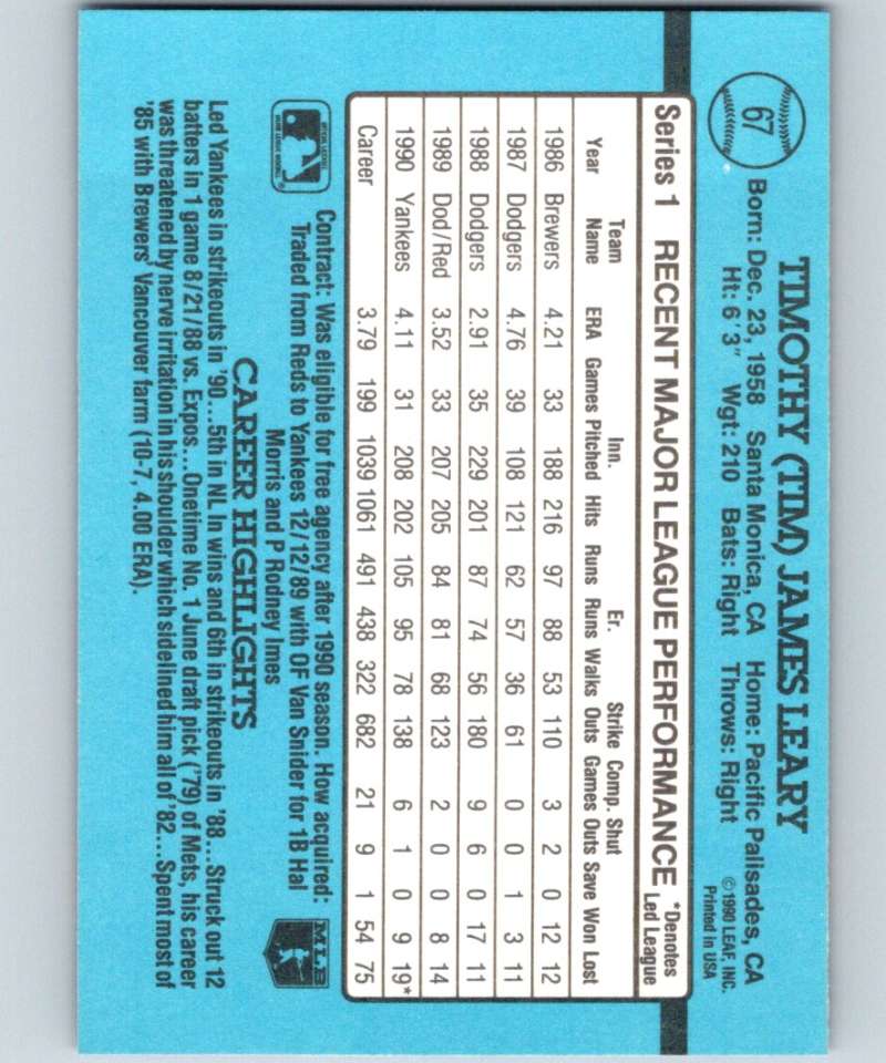 1991 Donruss #67 Tim Leary Yankees MLB Baseball Image 2