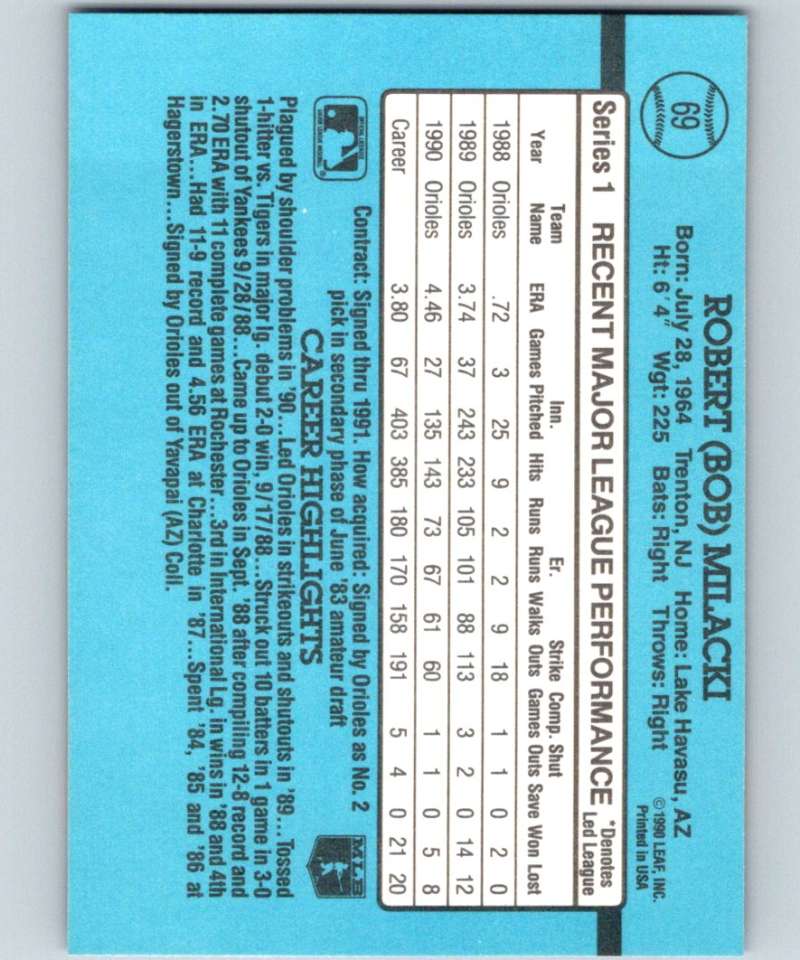 1991 Donruss #69 Bob Milacki Orioles MLB Baseball Image 2