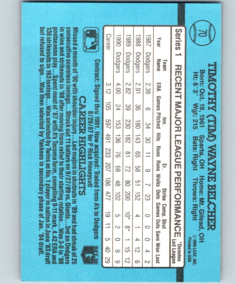 1991 Donruss #70 Tim Belcher Dodgers MLB Baseball Image 2
