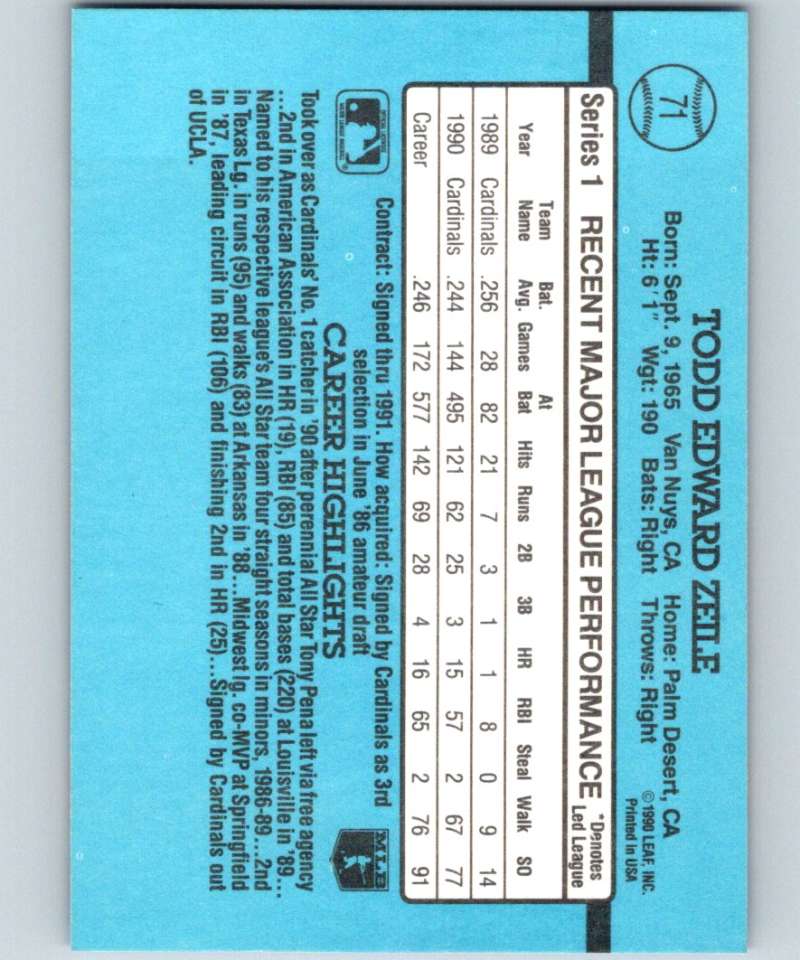 1991 Donruss #71 Todd Zeile Cardinals MLB Baseball Image 2