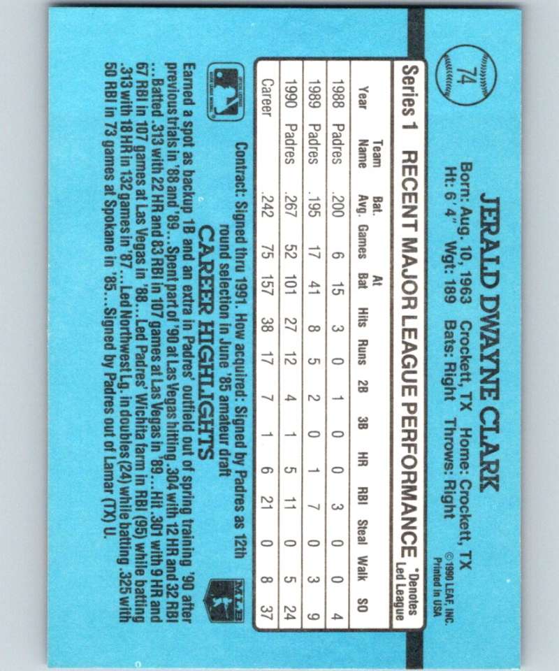 1991 Donruss #74 Jerald Clark Padres MLB Baseball Image 2