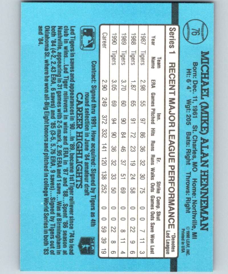 1991 Donruss #76 Mike Henneman Tigers MLB Baseball Image 2