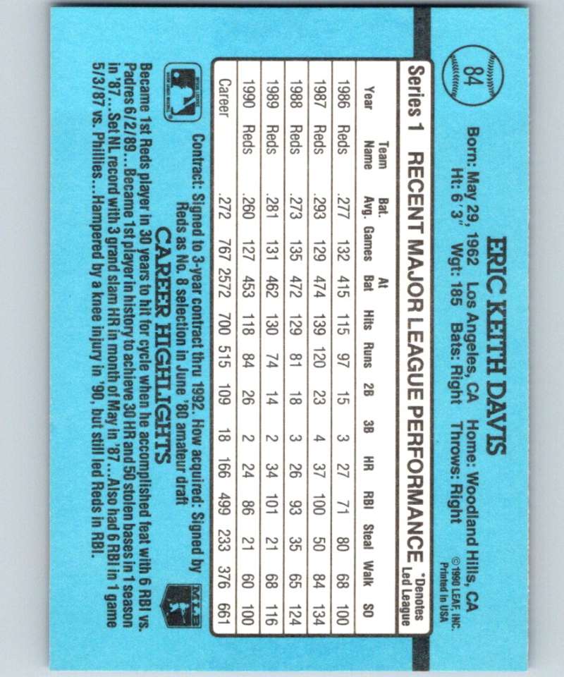 1991 Donruss #84 Eric Davis Reds MLB Baseball Image 2