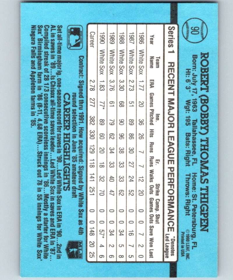 1991 Donruss #90 Bobby Thigpen White Sox MLB Baseball Image 2