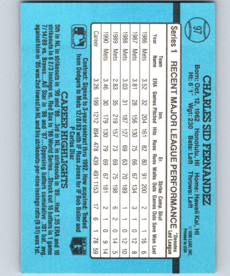 1991 Donruss #97 Sid Fernandez Mets MLB Baseball Image 2