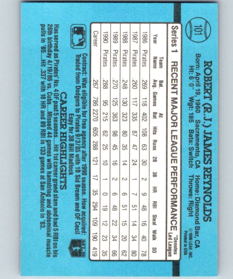 1991 Donruss #101 R.J. Reynolds Pirates MLB Baseball Image 2
