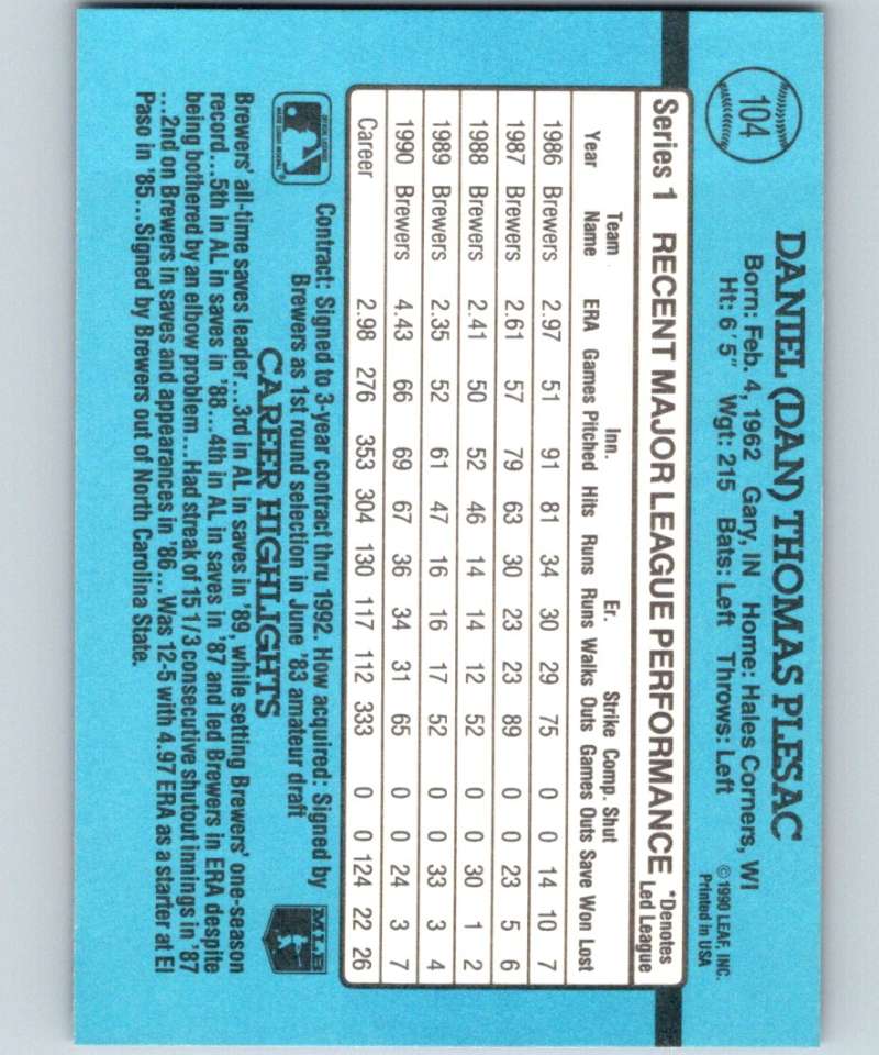 1991 Donruss #104 Dan Plesac Brewers MLB Baseball Image 2