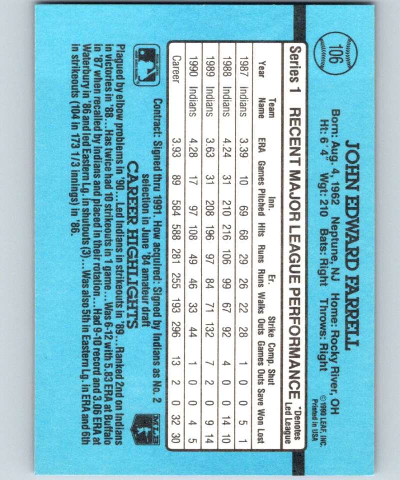 1991 Donruss #106 John Farrell Indians MLB Baseball Image 2