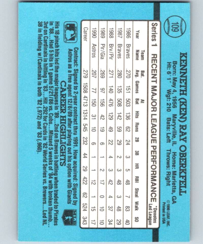 1991 Donruss #109 Ken Oberkfell Astros MLB Baseball Image 2