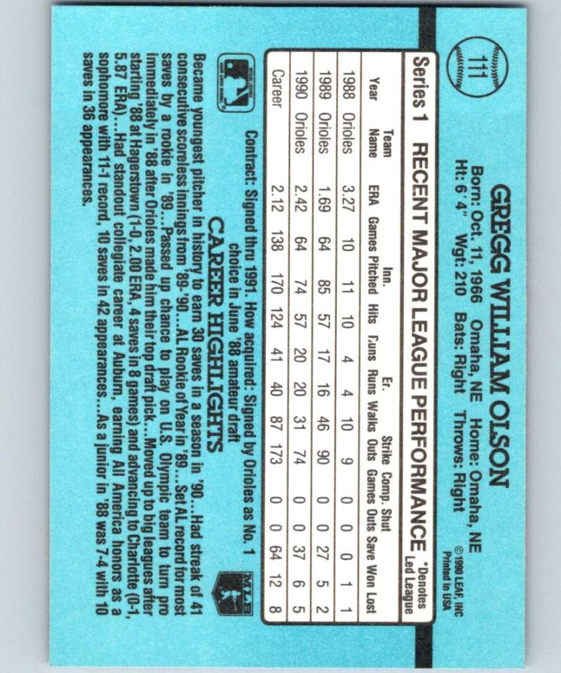 1991 Donruss #111 Gregg Olson Orioles MLB Baseball Image 2