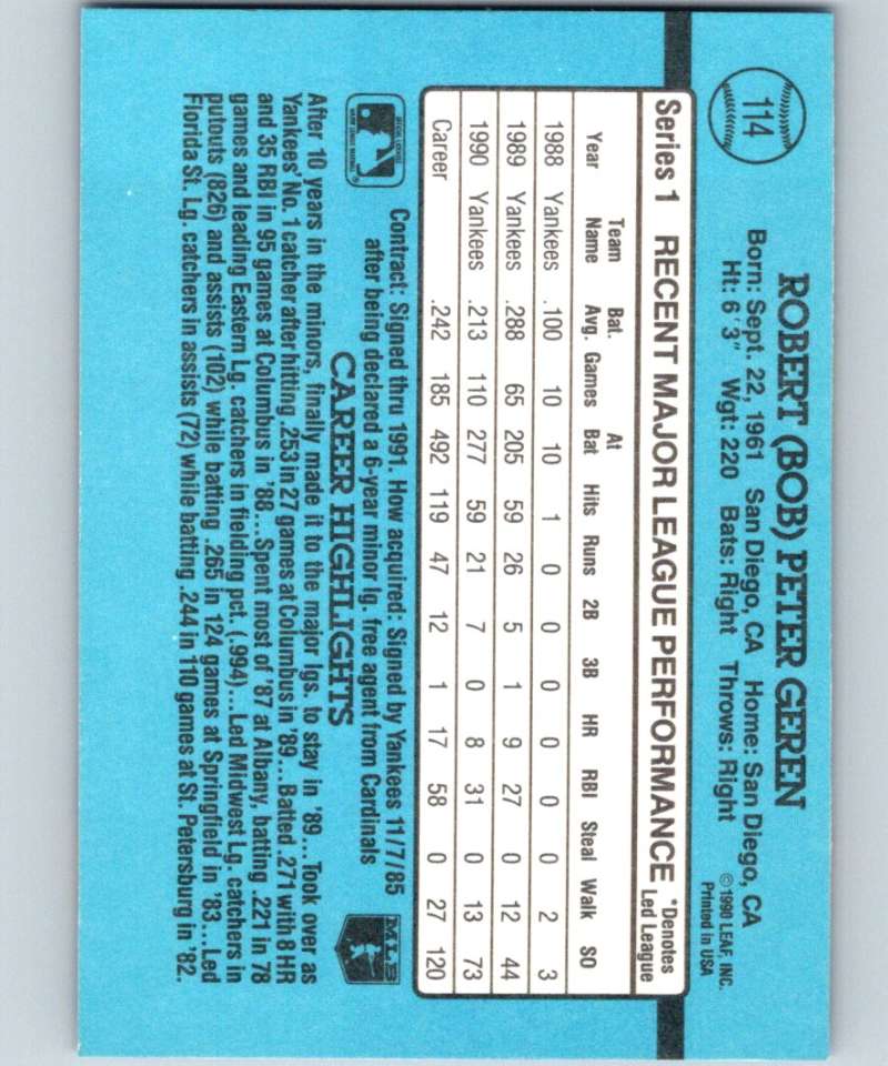 1991 Donruss #114 Bob Geren Yankees MLB Baseball Image 2