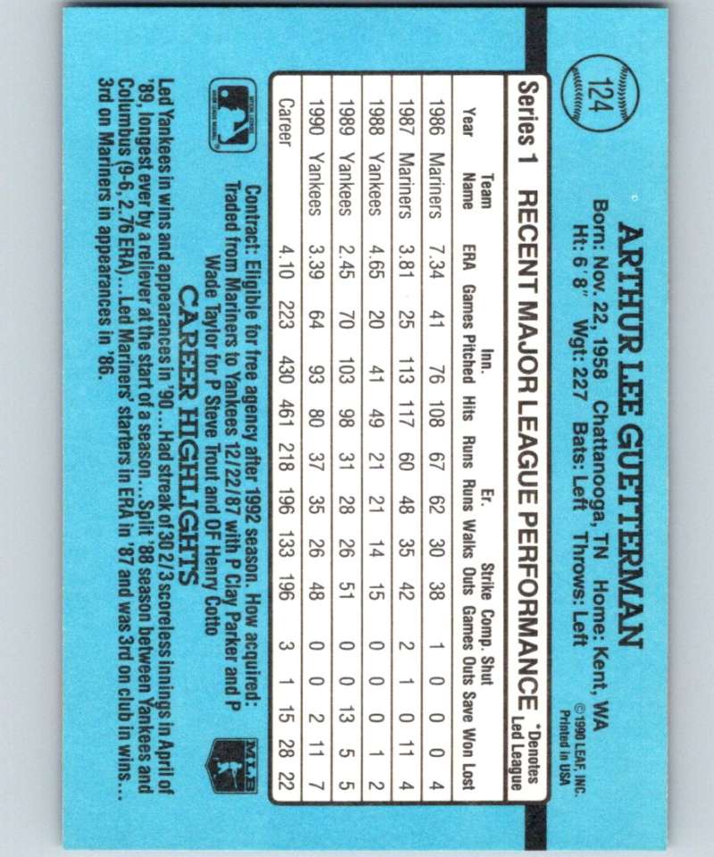 1991 Donruss #124 Lee Guetterman Yankees MLB Baseball Image 2
