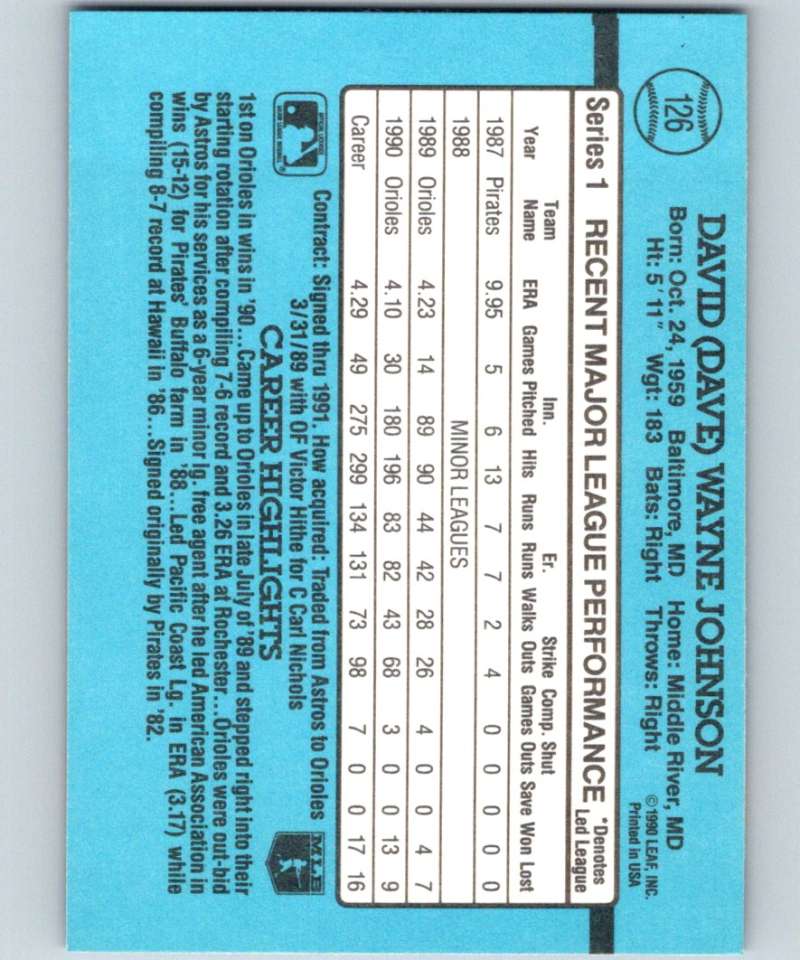 1991 Donruss #126 Dave Johnson Orioles MLB Baseball Image 2