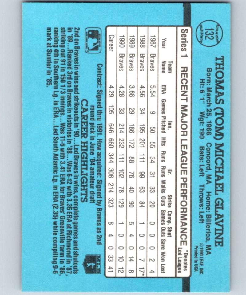 1991 Donruss #132 Tom Glavine Braves MLB Baseball Image 2