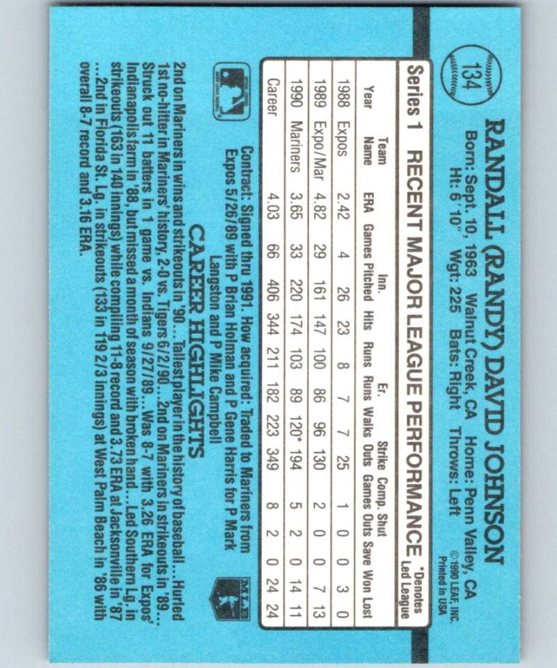 1991 Donruss #134 Randy Johnson Mariners MLB Baseball Image 2