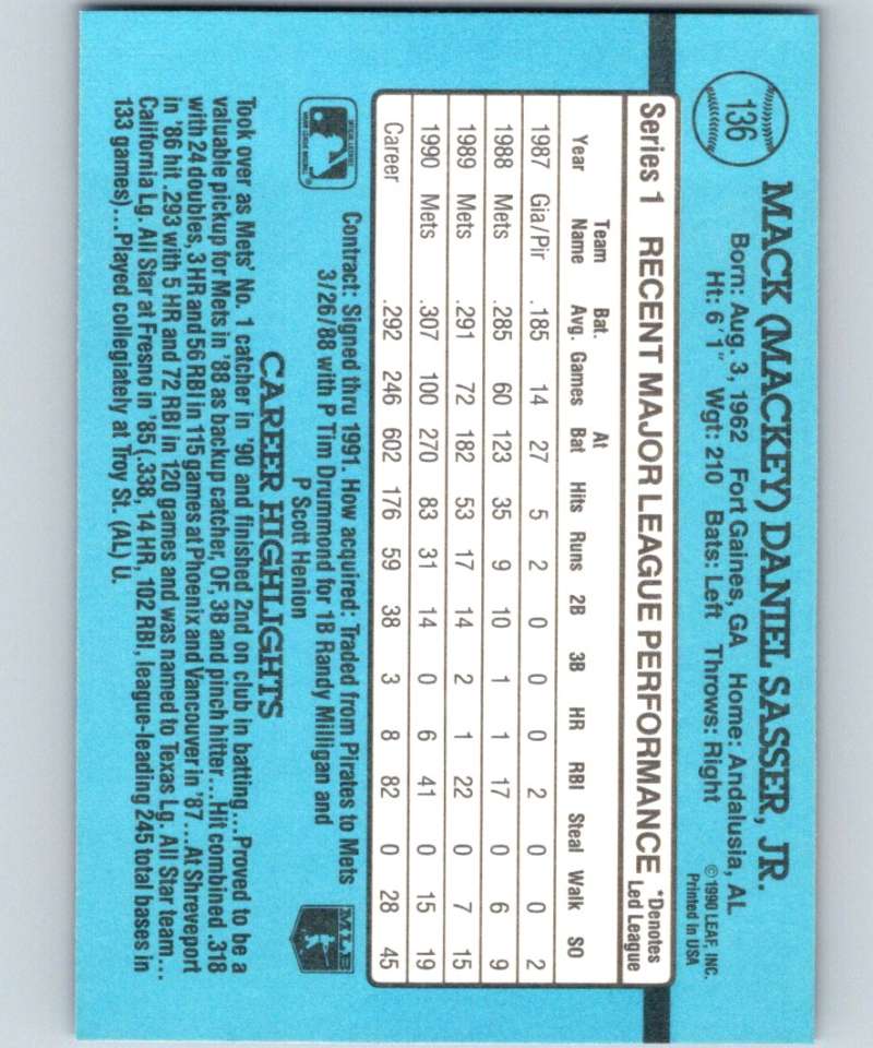 1991 Donruss #136 Mackey Sasser Mets MLB Baseball Image 2
