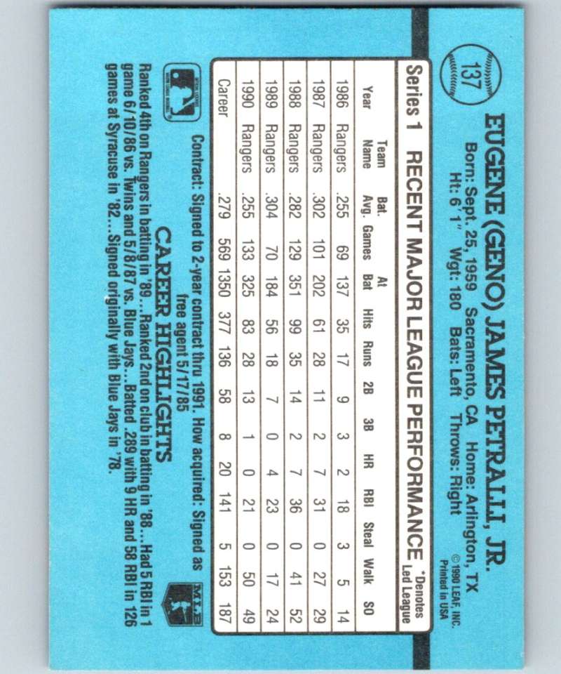 1991 Donruss #137 Geno Petralli Rangers MLB Baseball Image 2