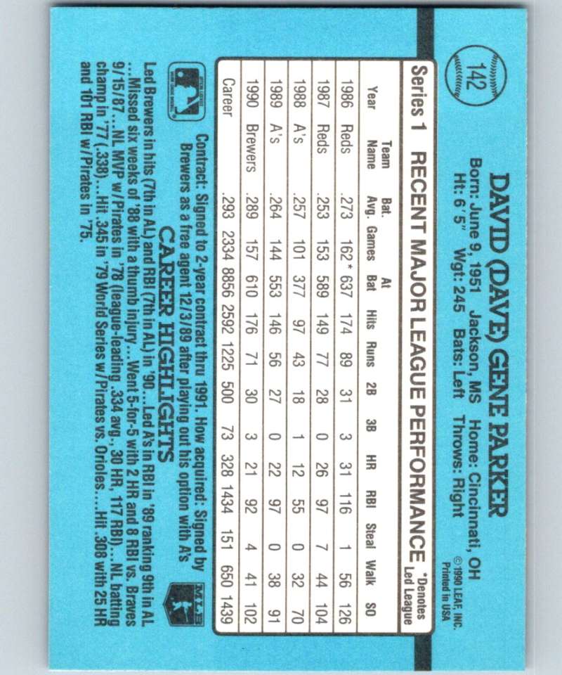 1991 Donruss #142 Dave Parker Brewers MLB Baseball Image 2