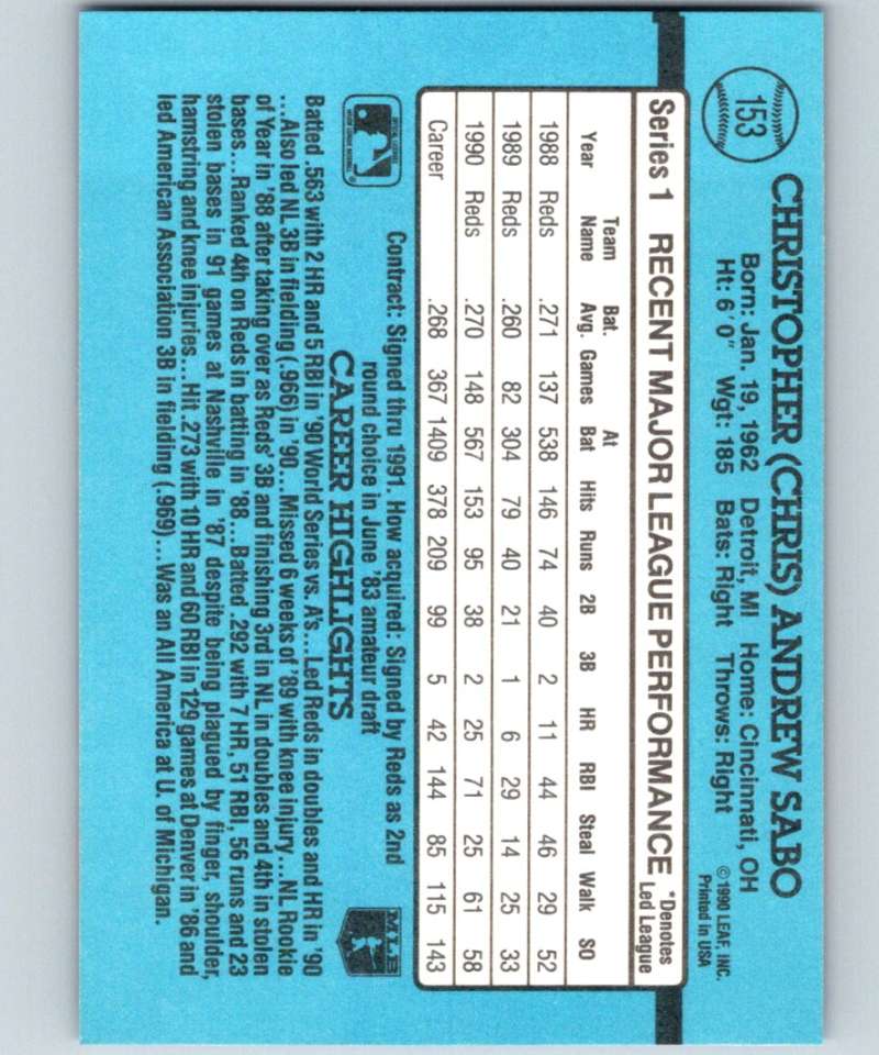 1991 Donruss #153 Chris Sabo Reds MLB Baseball Image 2
