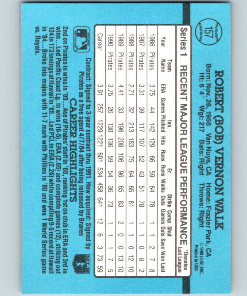 1991 Donruss #157 Bob Walk Pirates MLB Baseball Image 2
