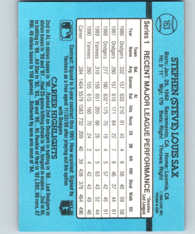 1991 Donruss #163 Steve Sax Yankees UER MLB Baseball Image 2