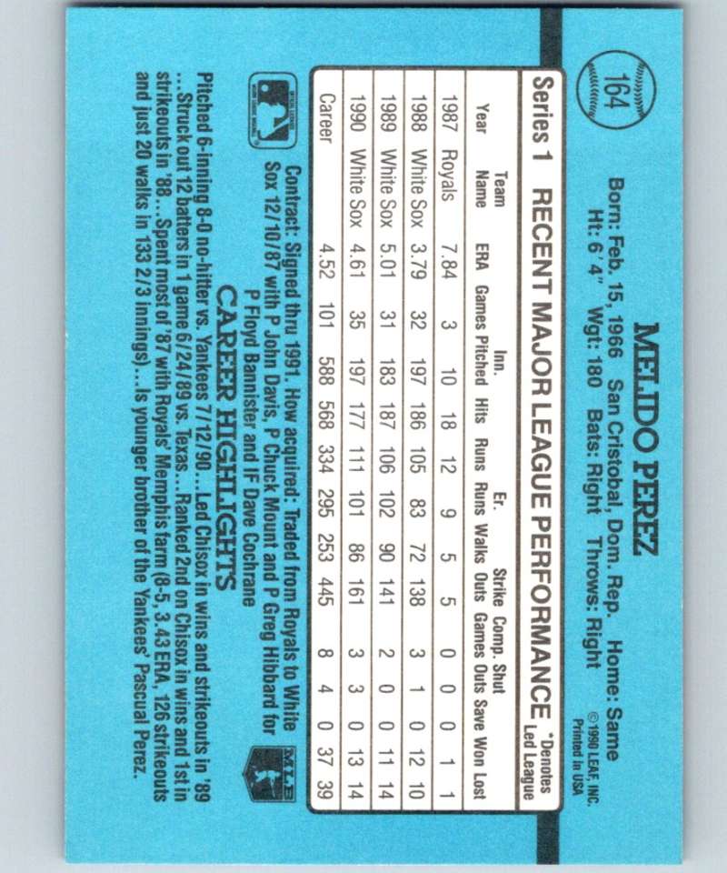 1991 Donruss #164 Melido Perez White Sox MLB Baseball Image 2