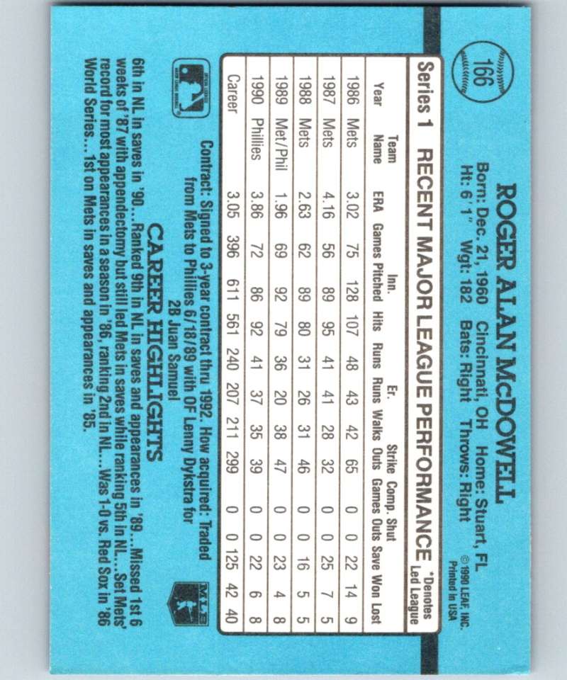 1991 Donruss #166 Roger McDowell Phillies MLB Baseball Image 2
