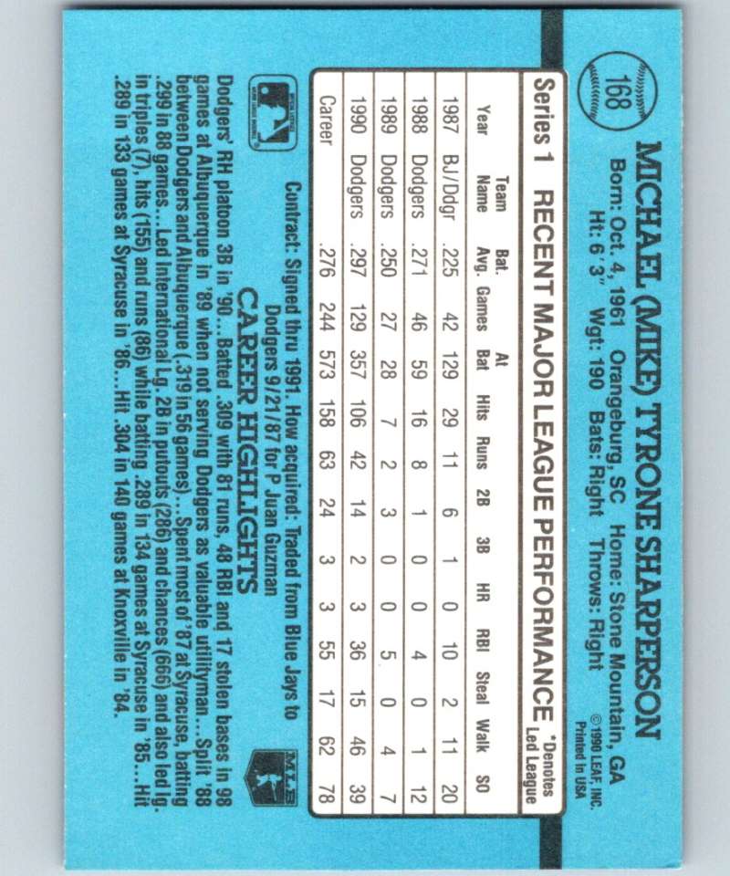 1991 Donruss #168 Mike Sharperson Dodgers MLB Baseball Image 2