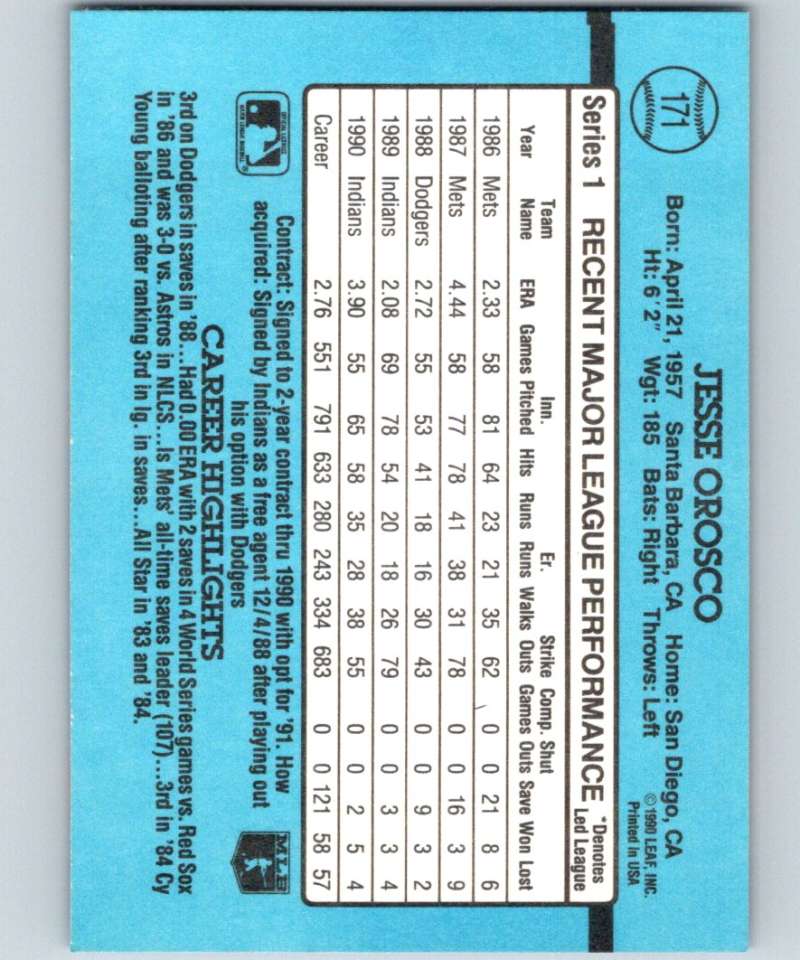 1991 Donruss #171 Jesse Orosco Indians MLB Baseball Image 2