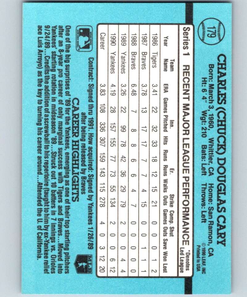 1991 Donruss #179 Chuck Cary Yankees UER MLB Baseball Image 2