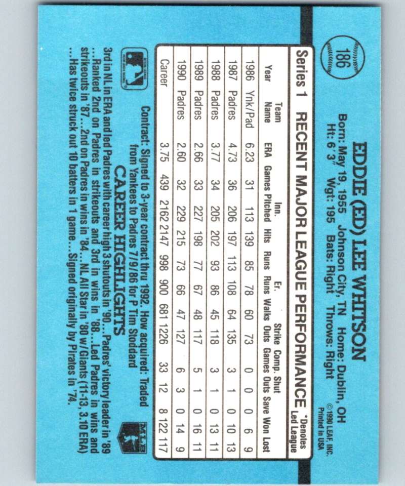 1991 Donruss #186 Ed Whitson Padres MLB Baseball Image 2
