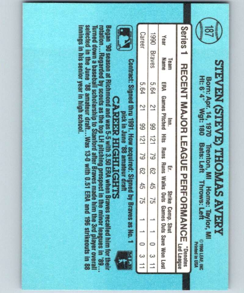 1991 Donruss #187 Steve Avery Braves UER MLB Baseball