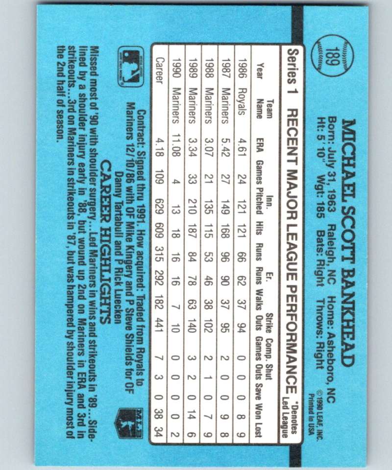 1991 Donruss #189 Scott Bankhead Mariners MLB Baseball Image 2