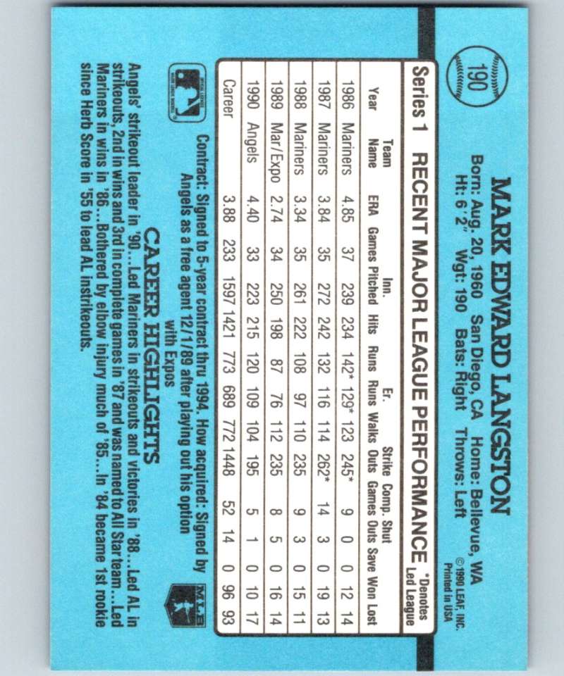 1991 Donruss #190 Mark Langston Angels MLB Baseball Image 2