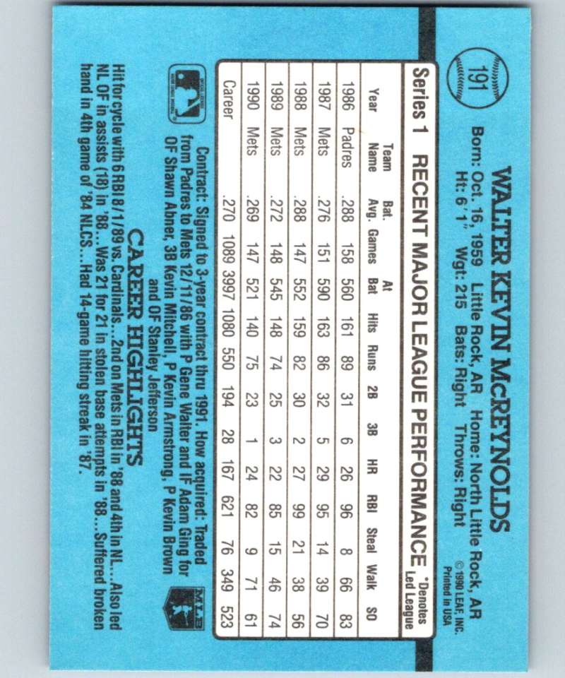 1991 Donruss #191 Kevin McReynolds Mets MLB Baseball Image 2