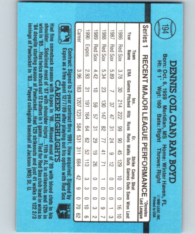 1991 Donruss #194 Oil Can Boyd Expos MLB Baseball Image 2