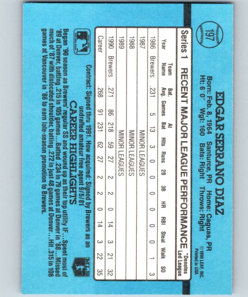 1991 Donruss #197 Edgar Diaz Brewers MLB Baseball Image 2