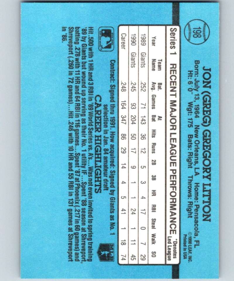 1991 Donruss #198 Greg Litton Giants MLB Baseball Image 2