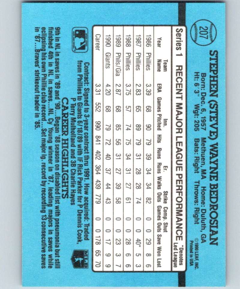 1991 Donruss #207 Steve Bedrosian Giants MLB Baseball Image 2