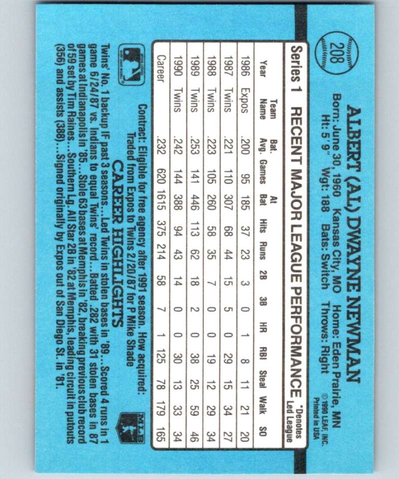 1991 Donruss #208 Al Newman Twins MLB Baseball Image 2