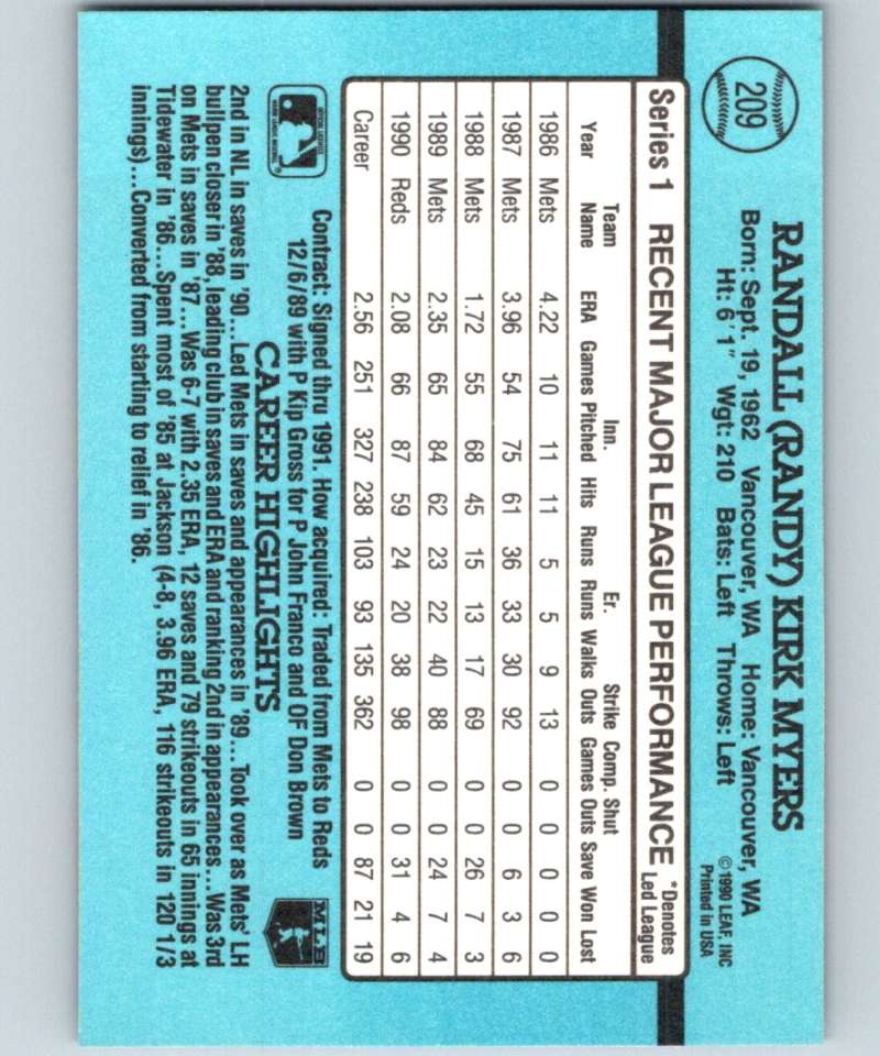 1991 Donruss #209 Randy Myers Reds MLB Baseball Image 2