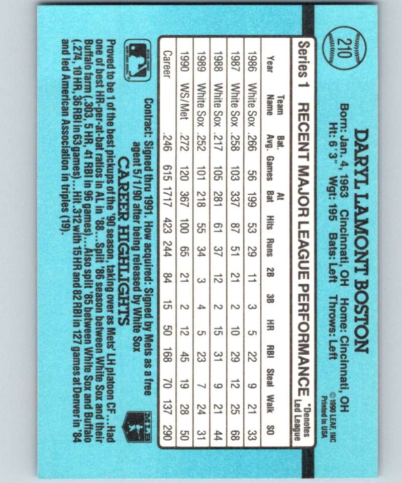 1991 Donruss #210 Daryl Boston Mets MLB Baseball Image 2