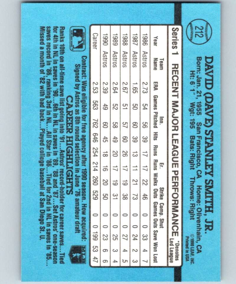 1991 Donruss #212 Dave Smith Astros MLB Baseball Image 2