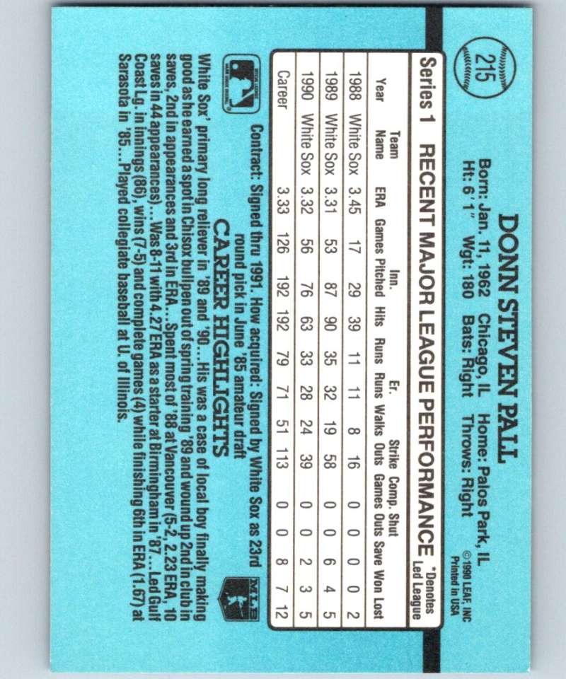 1991 Donruss #215 Donn Pall White Sox MLB Baseball Image 2