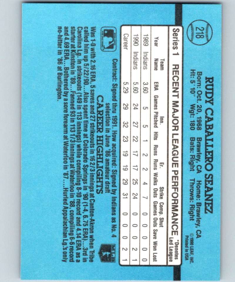 1991 Donruss #218 Rudy Seanez Indians MLB Baseball Image 2