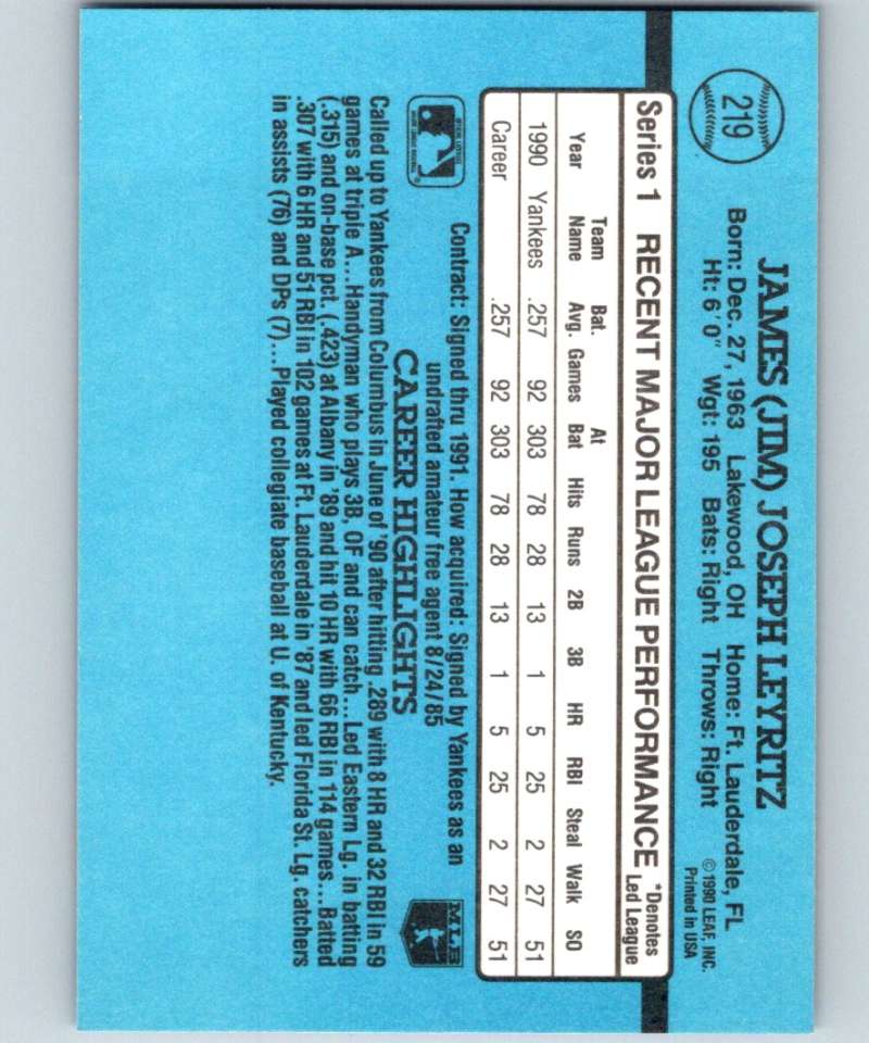 1991 Donruss #219 Jim Leyritz Yankees MLB Baseball Image 2