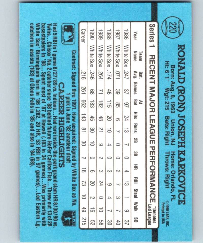 1991 Donruss #220 Ron Karkovice White Sox MLB Baseball Image 2