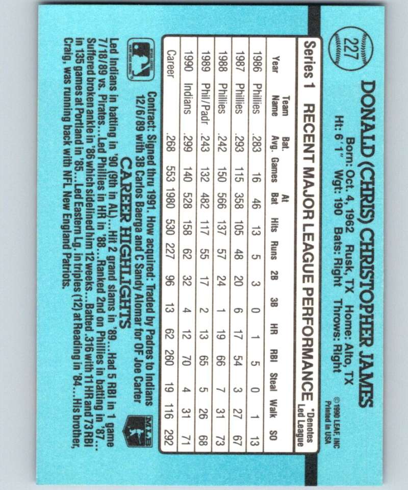 1991 Donruss #227 Chris James Indians MLB Baseball Image 2