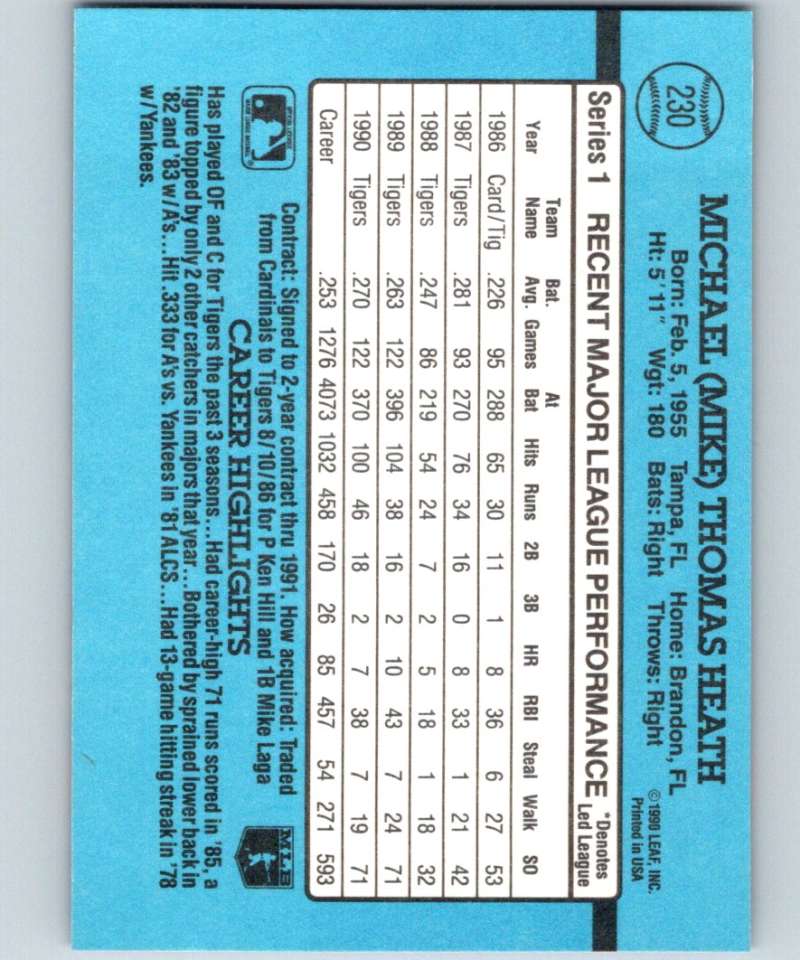 1991 Donruss #230 Mike Heath Tigers MLB Baseball Image 2