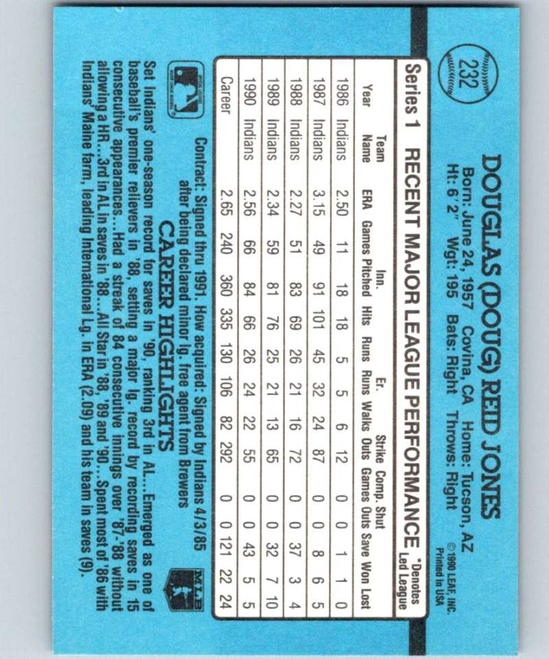 1991 Donruss #232 Doug Jones Indians MLB Baseball Image 2